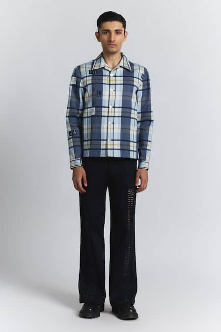 Shop_Line Out Line_Blue Cotton Satin Vintage Checkered Shacket _Online_at_Aza_Fashions