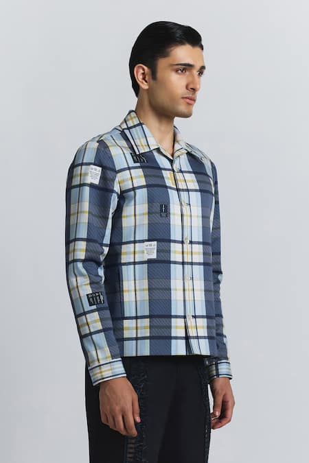 Line Out Line_Blue Cotton Satin Vintage Checkered Shacket _at_Aza_Fashions