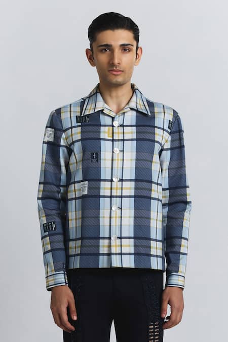 Line Out Line Blue Cotton Satin Vintage Checkered Shacket 