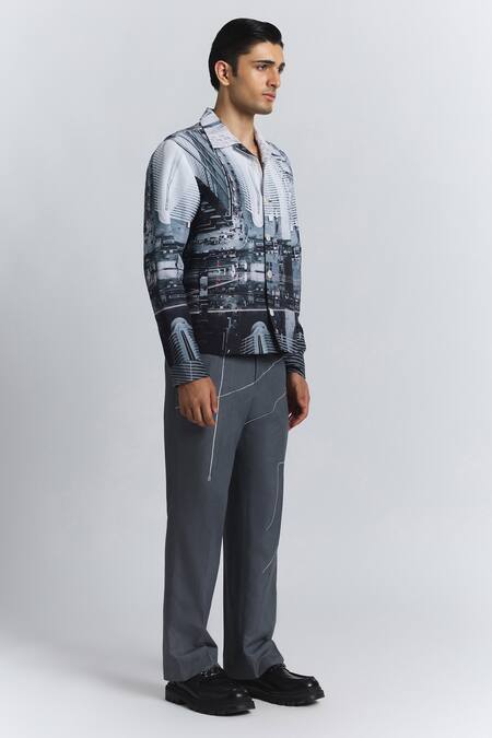 Line Out Line_Gray Cotton, Linen City Perspective Print Shacket _Online_at_Aza_Fashions