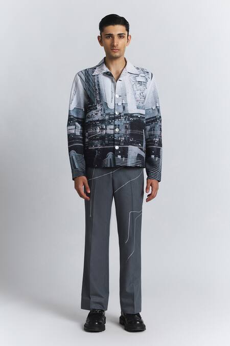 Buy_Line Out Line_Gray Cotton, Linen City Perspective Print Shacket _Online_at_Aza_Fashions