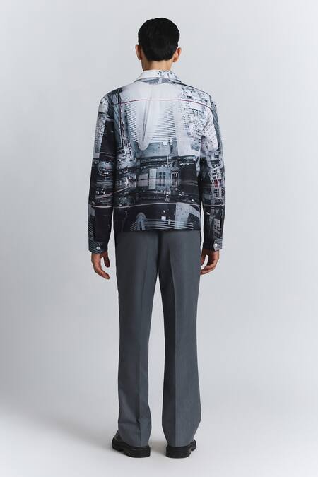 Shop_Line Out Line_Gray Cotton, Linen City Perspective Print Shacket _Online_at_Aza_Fashions