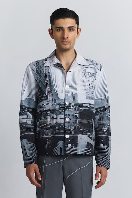 Line Out Line Gray Cotton, Linen City Perspective Print Shacket 