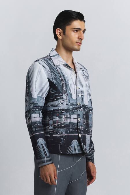 Line Out Line_Gray Cotton, Linen City Perspective Print Shacket _at_Aza_Fashions