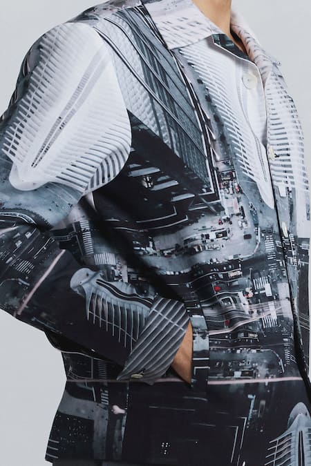 Buy_Line Out Line_Gray Cotton, Linen City Perspective Print Shacket 