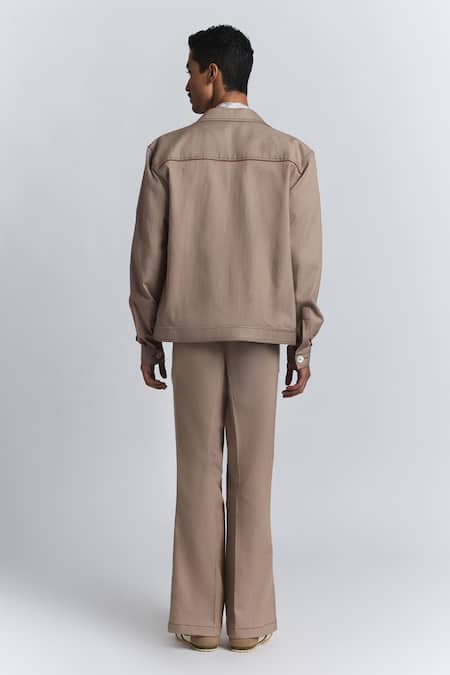 Line Out Line_Beige Embroidery Zoning Grid Utility Jacket _Online_at_Aza_Fashions