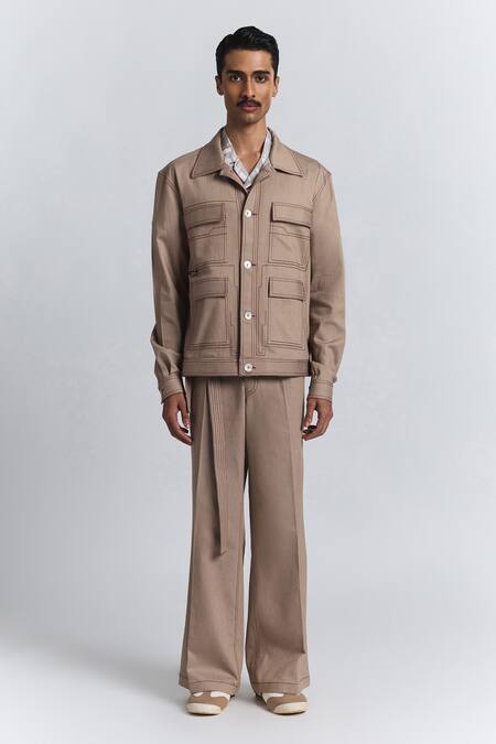 Buy_Line Out Line_Beige Embroidery Zoning Grid Utility Jacket _Online_at_Aza_Fashions