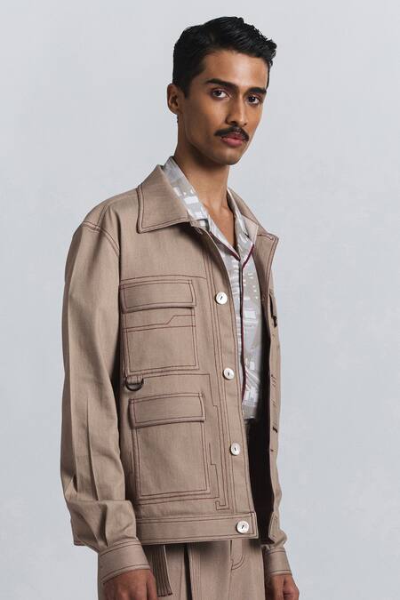 Line Out Line_Beige Embroidery Zoning Grid Utility Jacket _at_Aza_Fashions