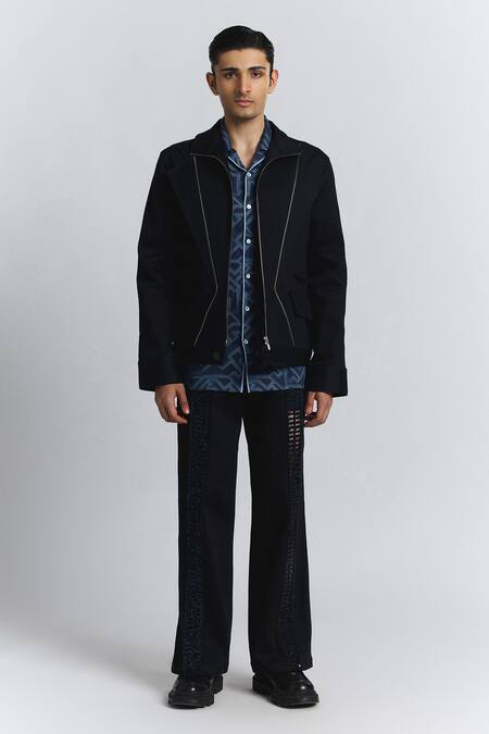 Line Out Line_Blue Torque Denim Bomber _Online_at_Aza_Fashions