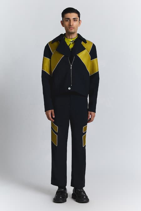 Shop_Line Out Line_Navy Piping Chevron Pavilion Patch Jacket _Online_at_Aza_Fashions