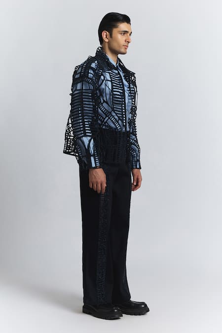 Line Out Line Blue Denim Circuitry Laser-cut Jacket Online at Aza Fashions Line Out Line_Blue Denim Circuitry Laser-cut Jacket _Online_at_Aza_Fashions