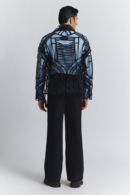 Buy Line Out Line Blue Denim Circuitry Laser-cut Jacket Online at Aza Fashions Buy_Line Out Line_Blue Denim Circuitry Laser-cut Jacket _Online_at_Aza_Fashions