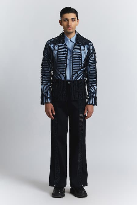 Shop Line Out Line Blue Denim Circuitry Laser-cut Jacket Online at Aza Fashions Shop_Line Out Line_Blue Denim Circuitry Laser-cut Jacket _Online_at_Aza_Fashions