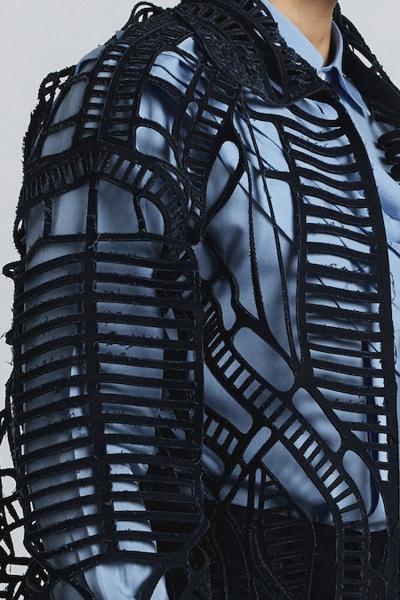 Line Out Line Blue Denim Circuitry Laser-cut Jacket at Aza Fashions Line Out Line_Blue Denim Circuitry Laser-cut Jacket _at_Aza_Fashions