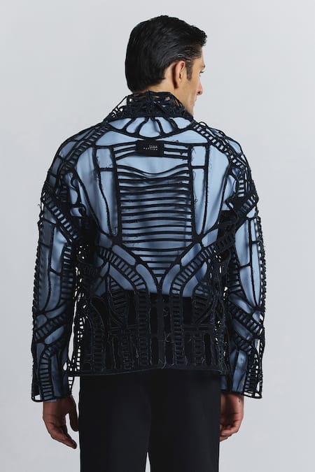 Shop Line Out Line Blue Denim Circuitry Laser-cut Jacket at Aza Fashions Shop_Line Out Line_Blue Denim Circuitry Laser-cut Jacket _at_Aza_Fashions
