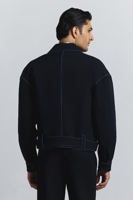 Line Out Line Navy Piping Bomber Jacket