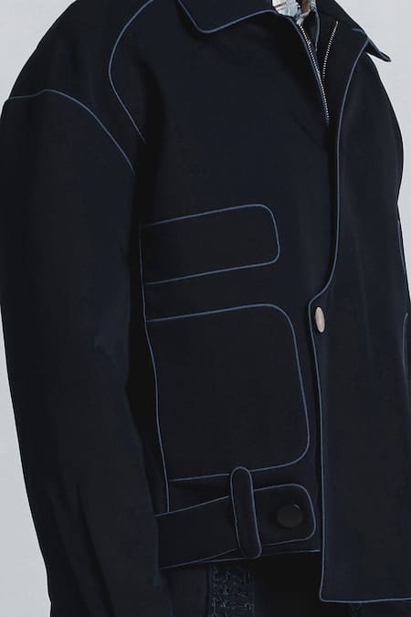 Line Out Line Blue Suiting Piping Navy Bomber Jacket Online at Aza Fashions Line Out Line_Blue Suiting Piping Navy Bomber Jacket _Online_at_Aza_Fashions