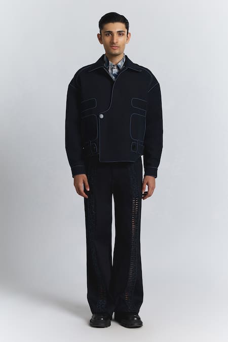Buy Line Out Line Blue Suiting Piping Navy Bomber Jacket Online at Aza Fashions Buy_Line Out Line_Blue Suiting Piping Navy Bomber Jacket _Online_at_Aza_Fashions