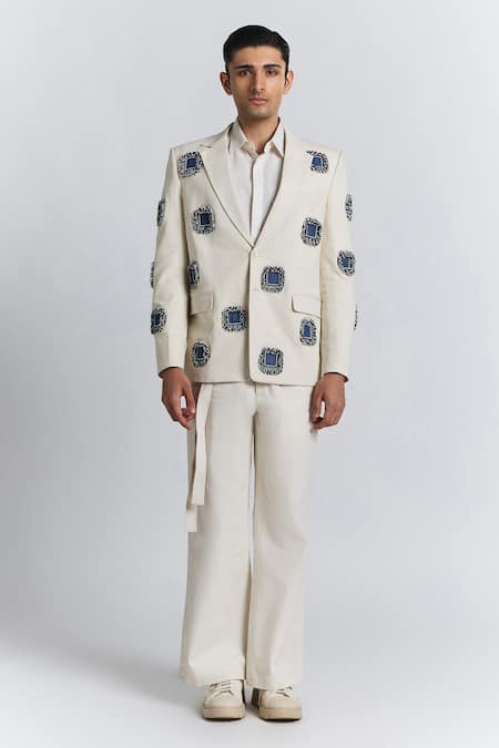 Line Out Line_Ivory Denim Applique, Beads Glintcore Blazer _Online_at_Aza_Fashions