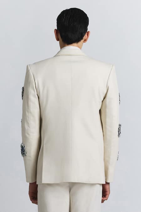 Shop_Line Out Line_Ivory Denim Applique, Beads Glintcore Blazer _at_Aza_Fashions