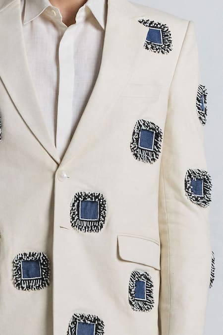 Buy_Line Out Line_Ivory Denim Applique, Beads Glintcore Blazer _Online_at_Aza_Fashions