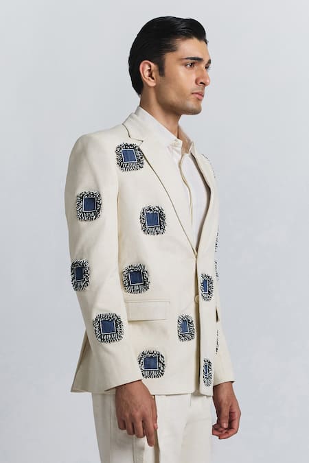 Shop_Line Out Line_Ivory Denim Applique, Beads Glintcore Blazer _Online_at_Aza_Fashions