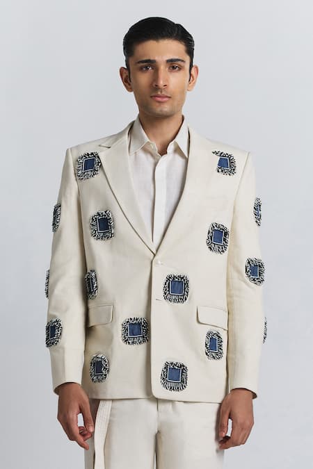 Buy_Line Out Line_Ivory Denim Applique, Beads Glintcore Blazer _at_Aza_Fashions
