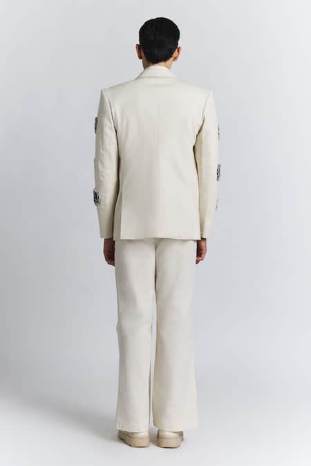 Line Out Line_Ivory Denim Applique, Beads Glintcore Blazer _at_Aza_Fashions