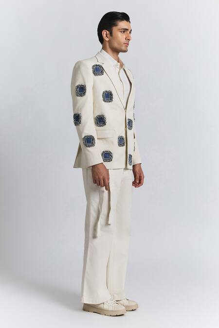Buy_Line Out Line_Ivory Denim Applique, Beads Glintcore Blazer 