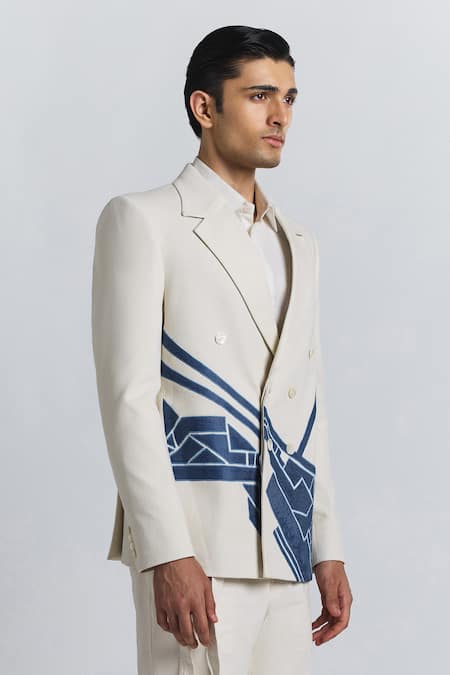 Line Out Line Ivory Denim, Twill Patchwork, Embroidery Urban Patch Blazer Online at Aza Fashions Line Out Line_Ivory Denim, Twill Patchwork, Embroidery Urban Patch Blazer _Online_at_Aza_Fashions