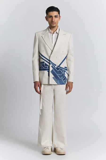 Shop Line Out Line Ivory Denim, Twill Patchwork, Embroidery Urban Patch Blazer Online at Aza Fashions Shop_Line Out Line_Ivory Denim, Twill Patchwork, Embroidery Urban Patch Blazer _Online_at_Aza_Fashions