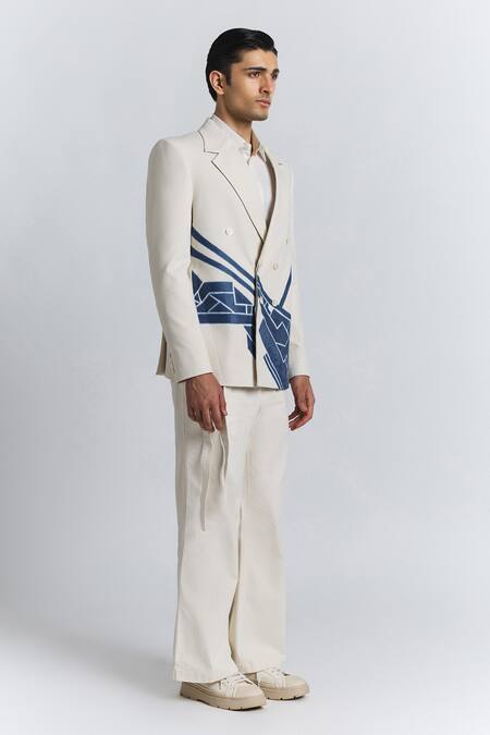 Line Out Line Ivory Denim, Twill Patchwork, Embroidery Urban Patch Blazer at Aza Fashions Line Out Line_Ivory Denim, Twill Patchwork, Embroidery Urban Patch Blazer _at_Aza_Fashions