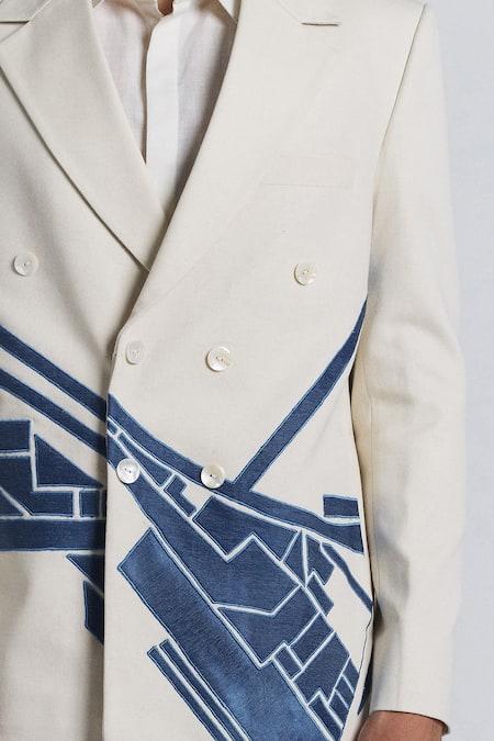 Buy Line Out Line Ivory Denim, Twill Patchwork, Embroidery Urban Patch Blazer Buy_Line Out Line_Ivory Denim, Twill Patchwork, Embroidery Urban Patch Blazer