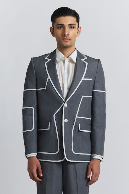 Line Out Line Gray Denim Piping Zoning Lines Blazer 