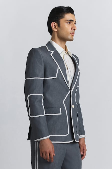 Line Out Line_Gray Denim Piping Zoning Lines Blazer _Online_at_Aza_Fashions