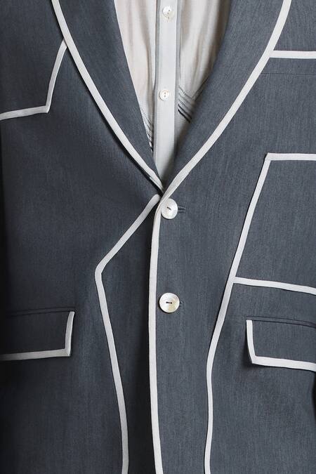 Buy_Line Out Line_Gray Denim Piping Zoning Lines Blazer _Online_at_Aza_Fashions