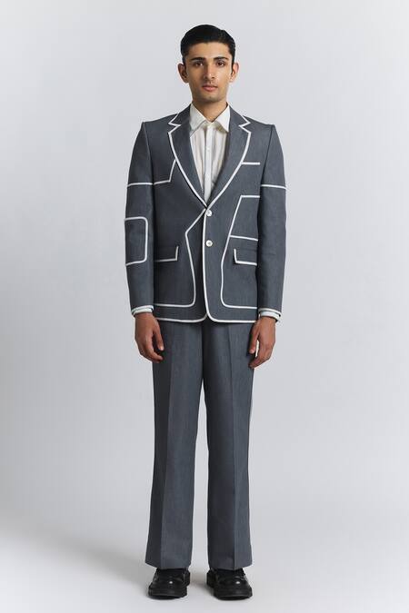 Shop_Line Out Line_Gray Denim Piping Zoning Lines Blazer _Online_at_Aza_Fashions
