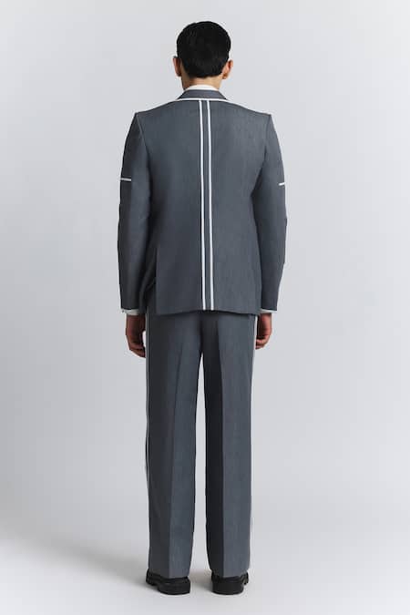 Line Out Line_Gray Denim Piping Zoning Lines Blazer _at_Aza_Fashions