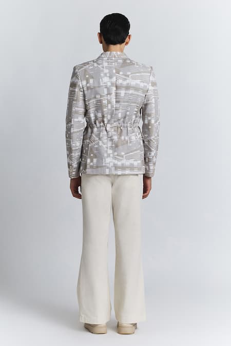 Line Out Line_Beige Cotton, Linen Contour Grid Belted Blazer _Online_at_Aza_Fashions