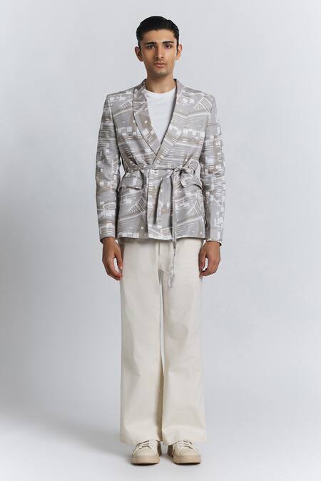 Buy_Line Out Line_Beige Cotton, Linen Contour Grid Belted Blazer _Online_at_Aza_Fashions