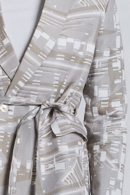 Shop_Line Out Line_Beige Cotton, Linen Contour Grid Belted Blazer _Online_at_Aza_Fashions