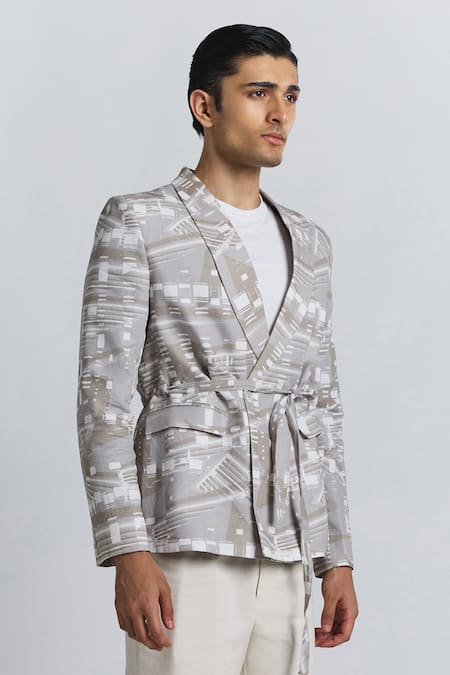 Buy_Line Out Line_Beige Cotton, Linen Contour Grid Belted Blazer 