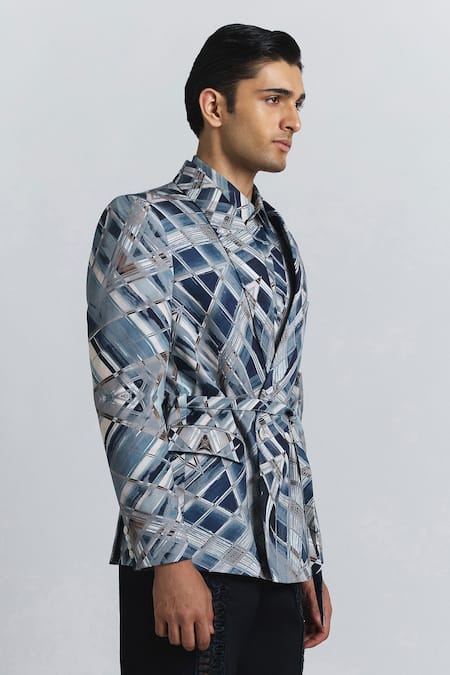 Line Out Line Blue Cotton Satin Vortex Print Shaped Blazer Online at Aza Fashions Line Out Line_Blue Cotton Satin Vortex Print Shaped Blazer _Online_at_Aza_Fashions