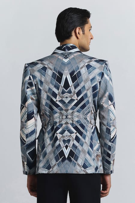Shop Line Out Line Blue Cotton Satin Vortex Print Shaped Blazer at Aza Fashions Shop_Line Out Line_Blue Cotton Satin Vortex Print Shaped Blazer _at_Aza_Fashions