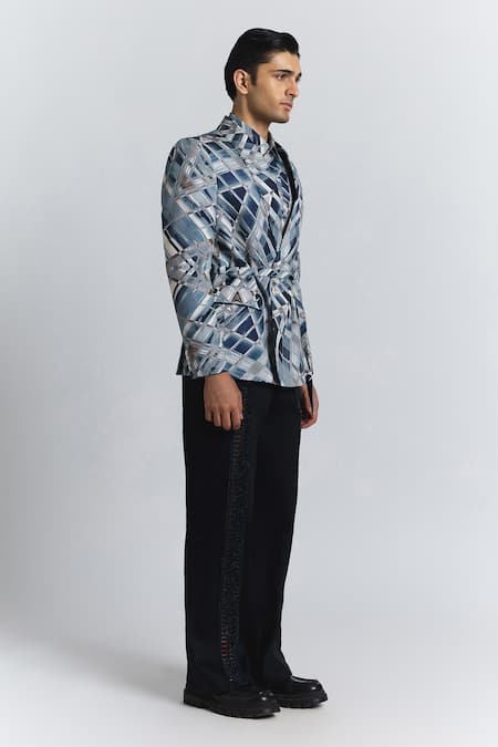 Buy Line Out Line Blue Cotton Satin Vortex Print Shaped Blazer Online at Aza Fashions Buy_Line Out Line_Blue Cotton Satin Vortex Print Shaped Blazer _Online_at_Aza_Fashions