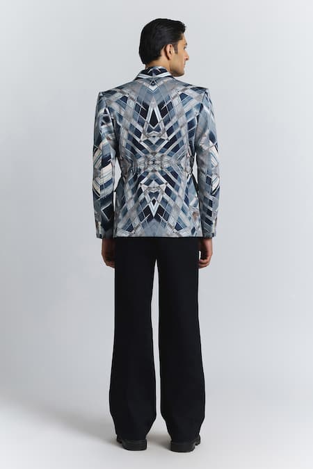 Shop Line Out Line Blue Cotton Satin Vortex Print Shaped Blazer Online at Aza Fashions Shop_Line Out Line_Blue Cotton Satin Vortex Print Shaped Blazer _Online_at_Aza_Fashions