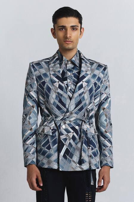 Line Out Line Blue Cotton Satin Vortex Print Shaped Blazer 