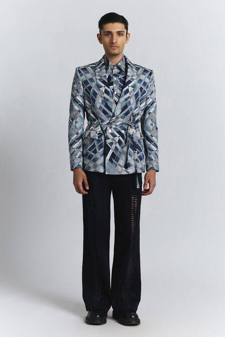 Line Out Line Blue Cotton Satin Vortex Print Shaped Blazer at Aza Fashions Line Out Line_Blue Cotton Satin Vortex Print Shaped Blazer _at_Aza_Fashions