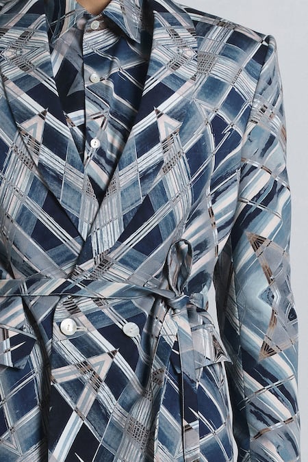 Buy Line Out Line Blue Cotton Satin Vortex Print Shaped Blazer Buy_Line Out Line_Blue Cotton Satin Vortex Print Shaped Blazer