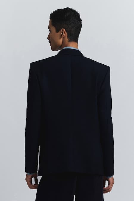 Shop_Line Out Line_Navy Suiting Beads, Sequins Shard Double-breasted Blazer _at_Aza_Fashions